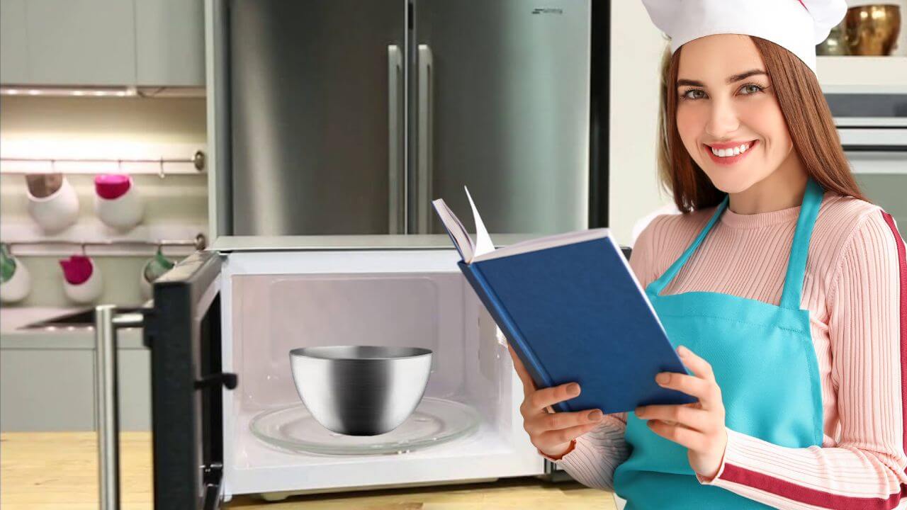 Woman reading about microwaving a stainless steel bowl