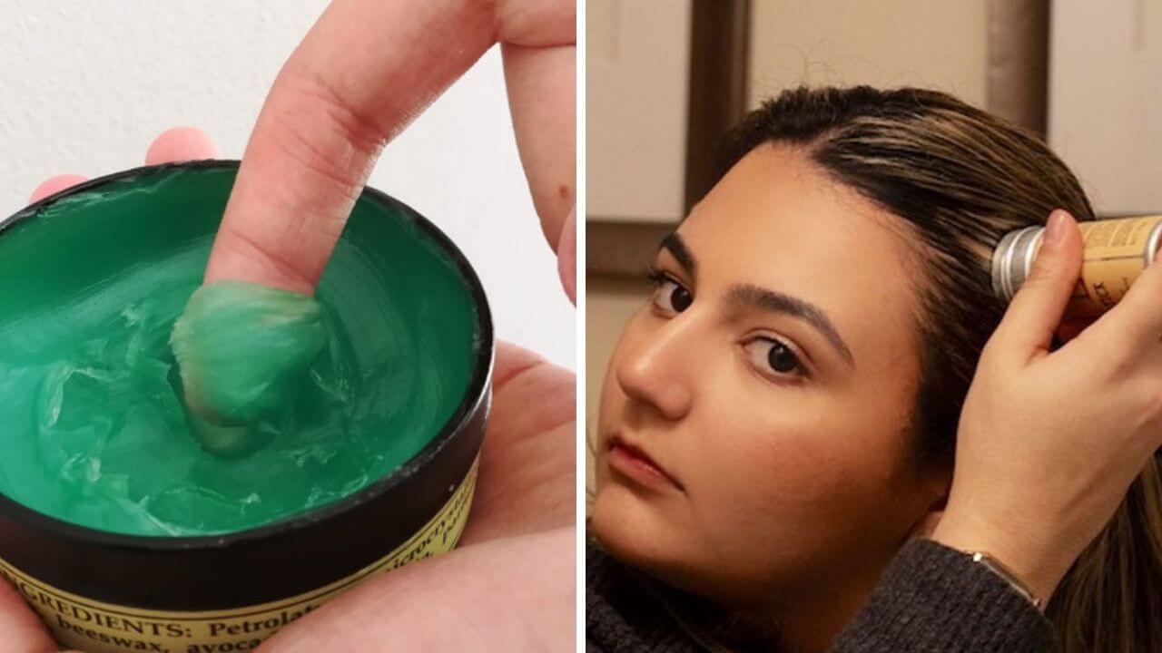 Hair wax container with green wax and a woman applying hair wax to her hair with a hair wax stick