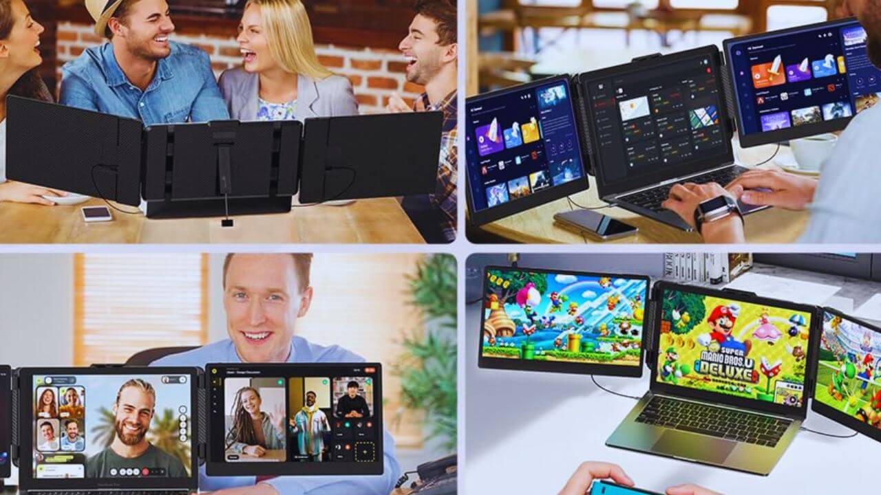 Happy computer enthusiasts with their laptop screen extenders