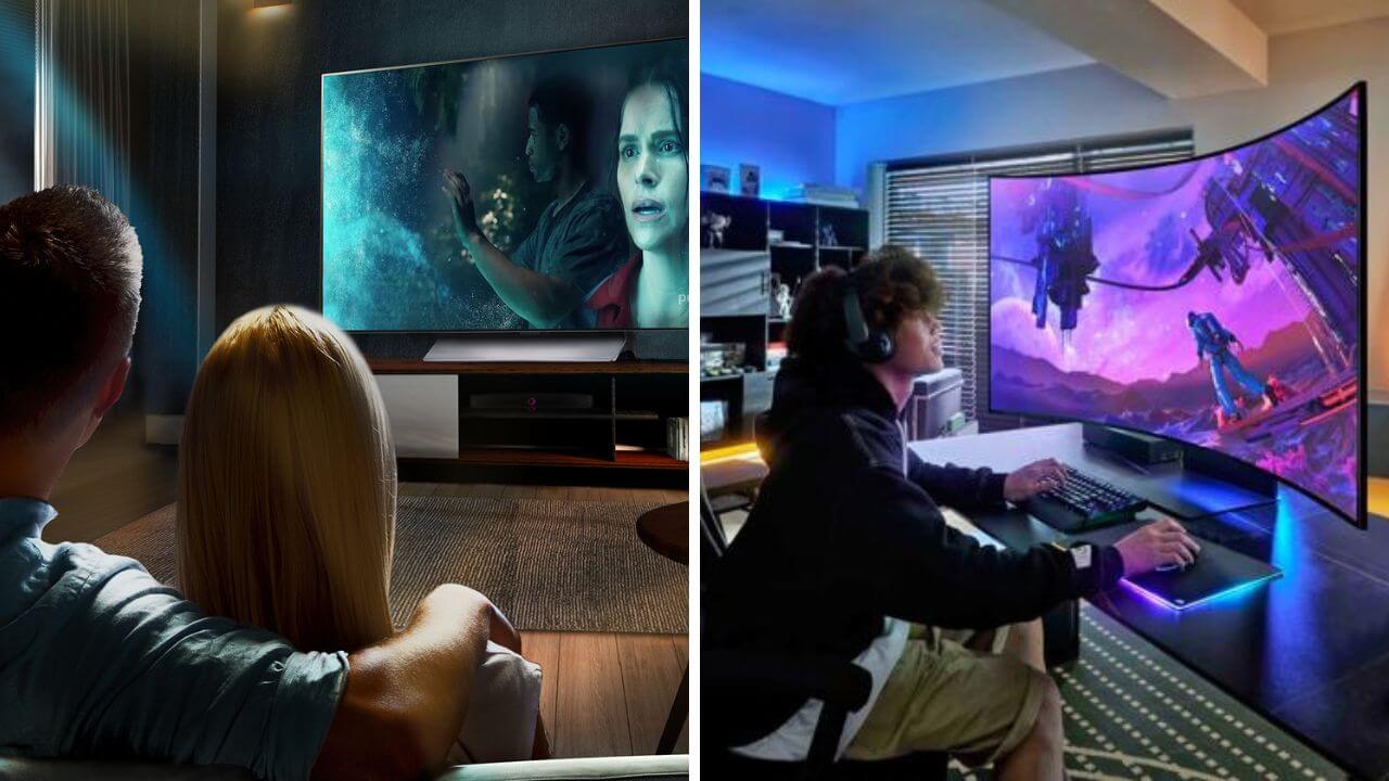 Couple watching an OLED TV monitor and a person gaming on an OLED Gaming monitor