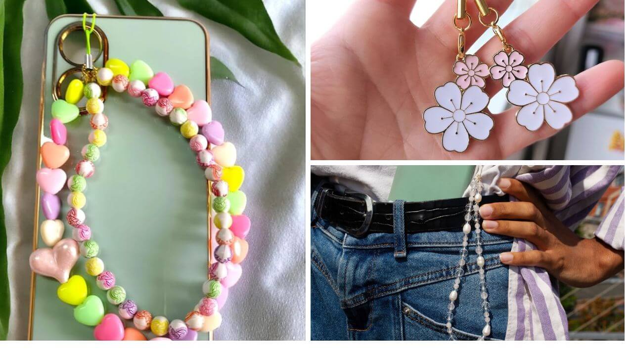 Three styles of phone charms
