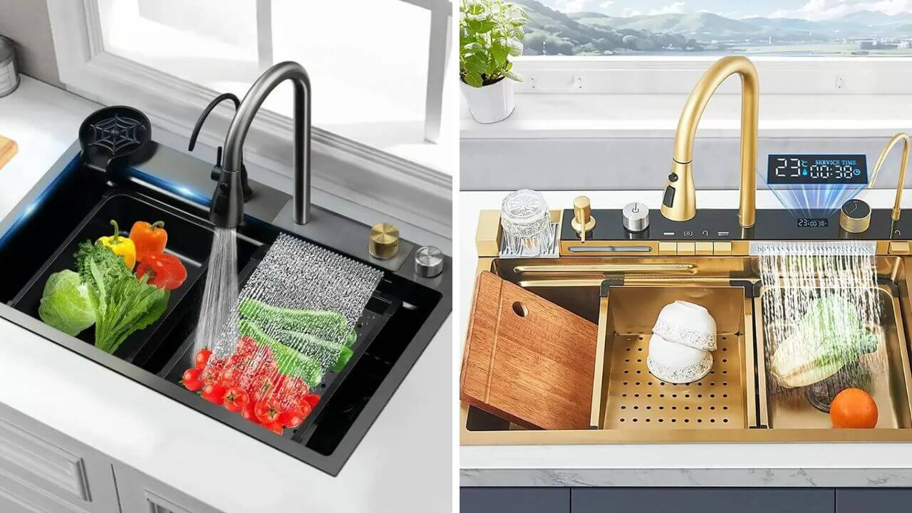 Waterfall kitchen sinks showing multi-functionality