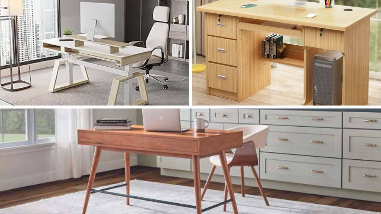 Three wood desks of different sizes and styles