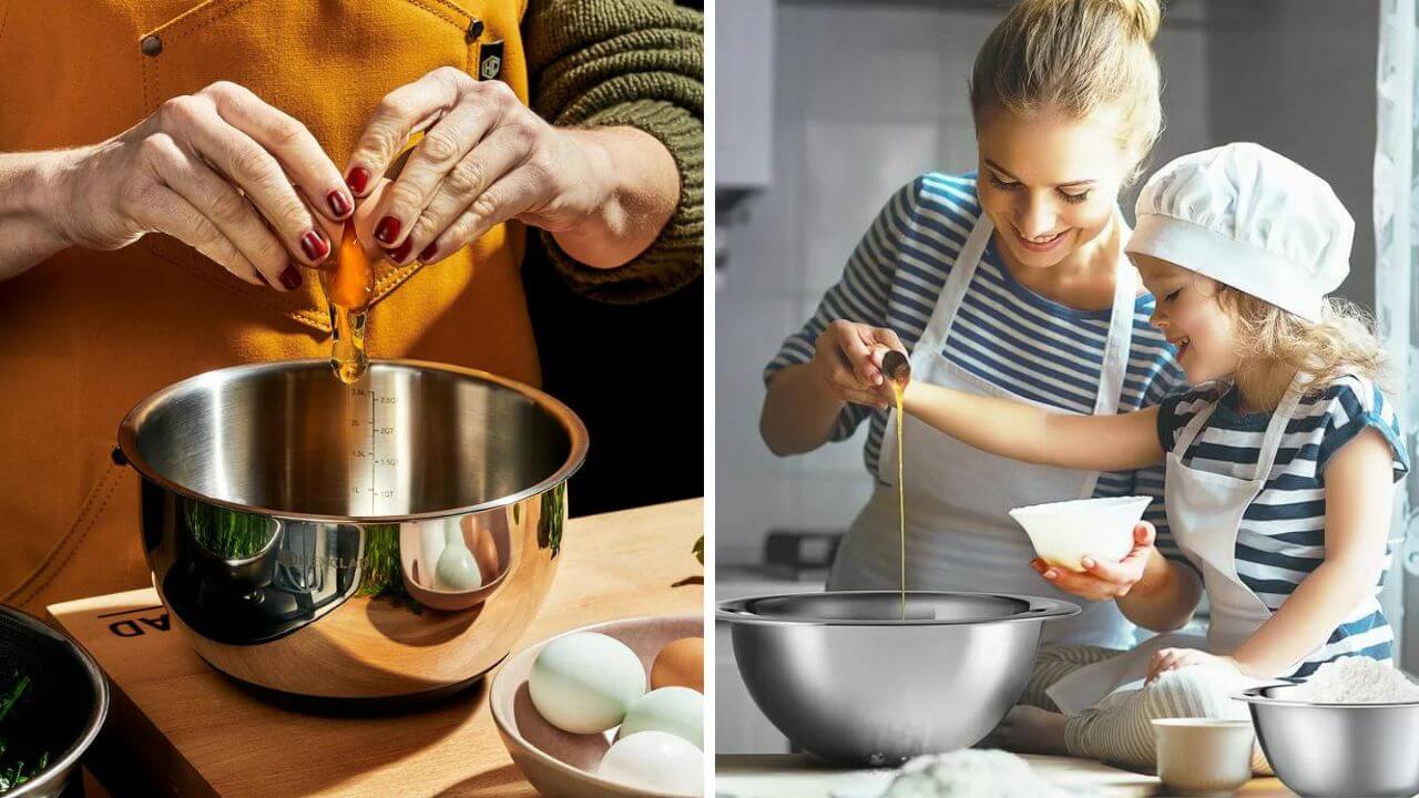 Types of stainless steel bowls being used in a kitchen
