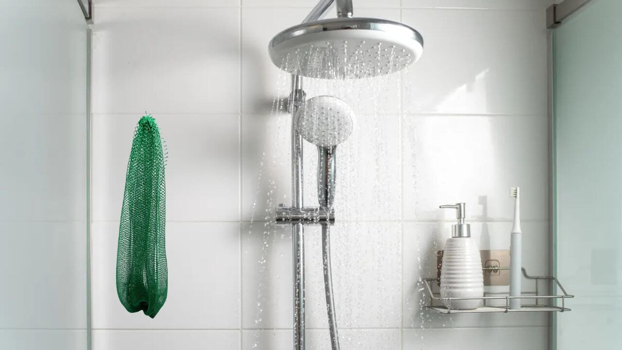 African Net Sponge hanging in a shower waiting to exfoliate a bather
