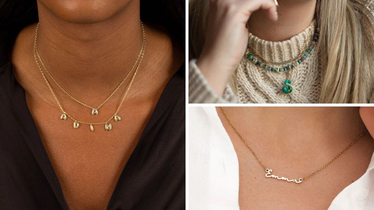 Three different women wearing three different styles of bubble letter necklaces