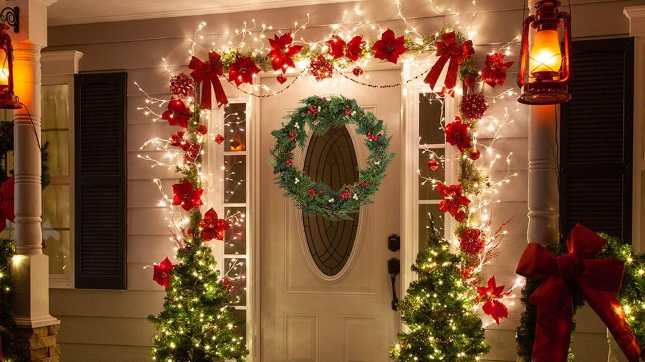 A variety of Christmas decorations displayed on a front door