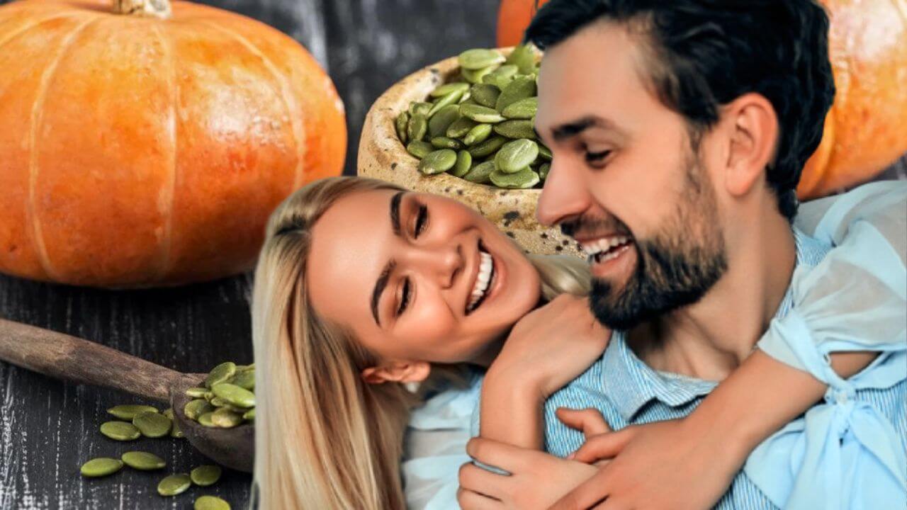 Happy couple following the man's consumption of pumpkin seeds