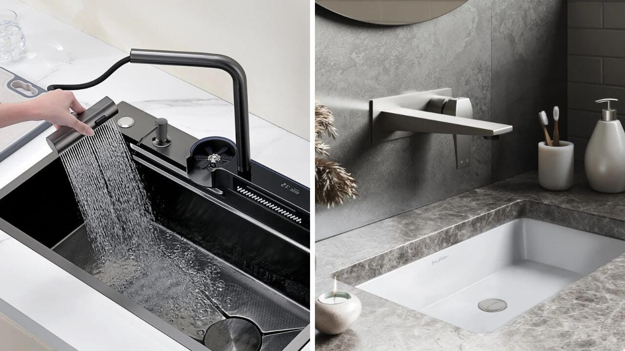 Waterfall faucet in a kitchen and a waterfall faucet in a bathroom