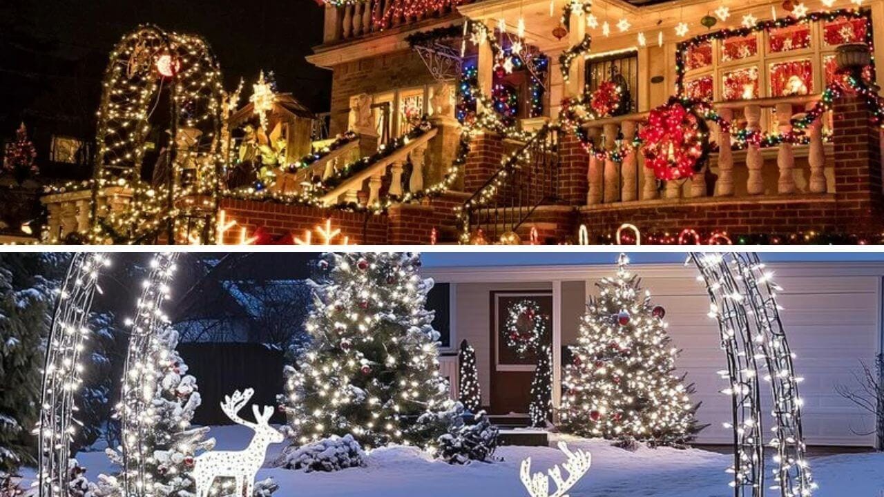 Solar powered Christmas lights decorating a house and a front yard
