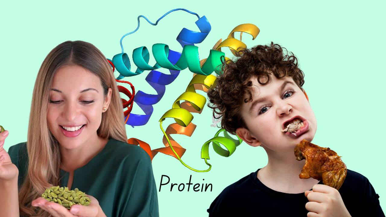 Young woman eating pumpkin seeds and a young boy eating chicken in front of protein structure