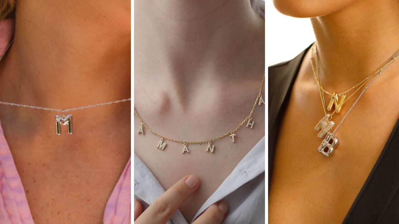 Three different women wearing bubble letter necklaces