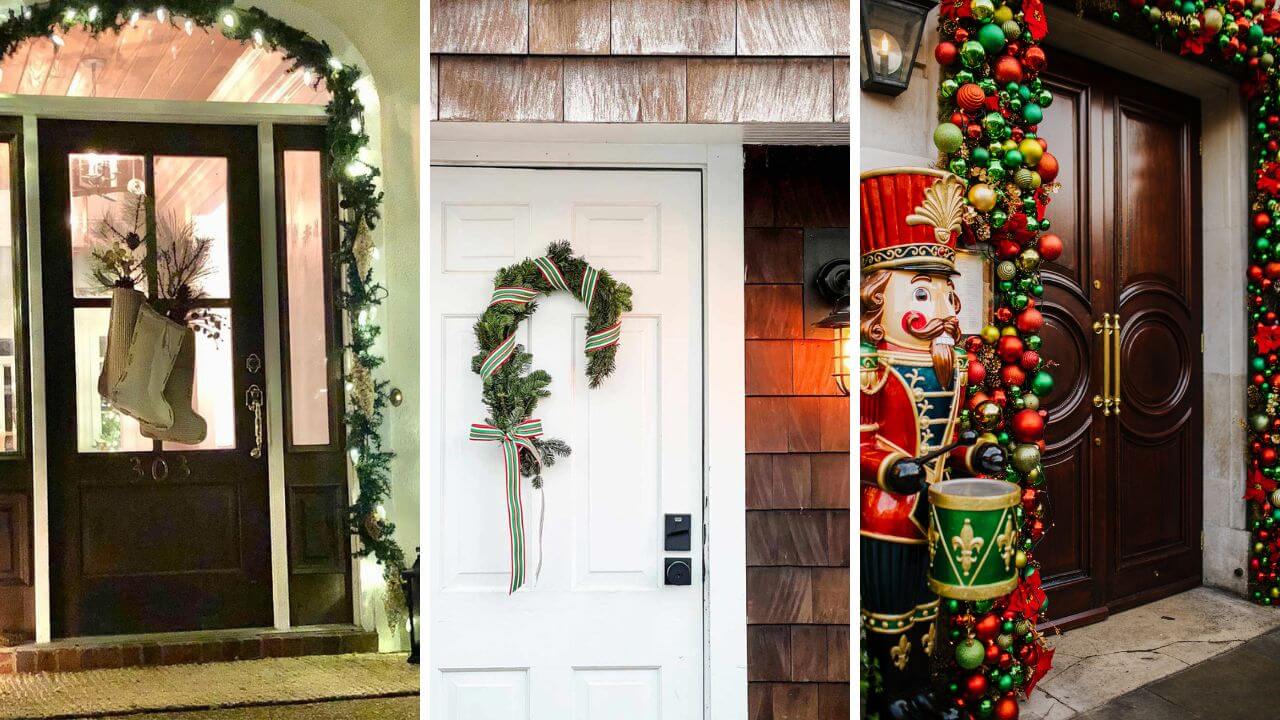 Christmas door decorations of different styles on three different doors