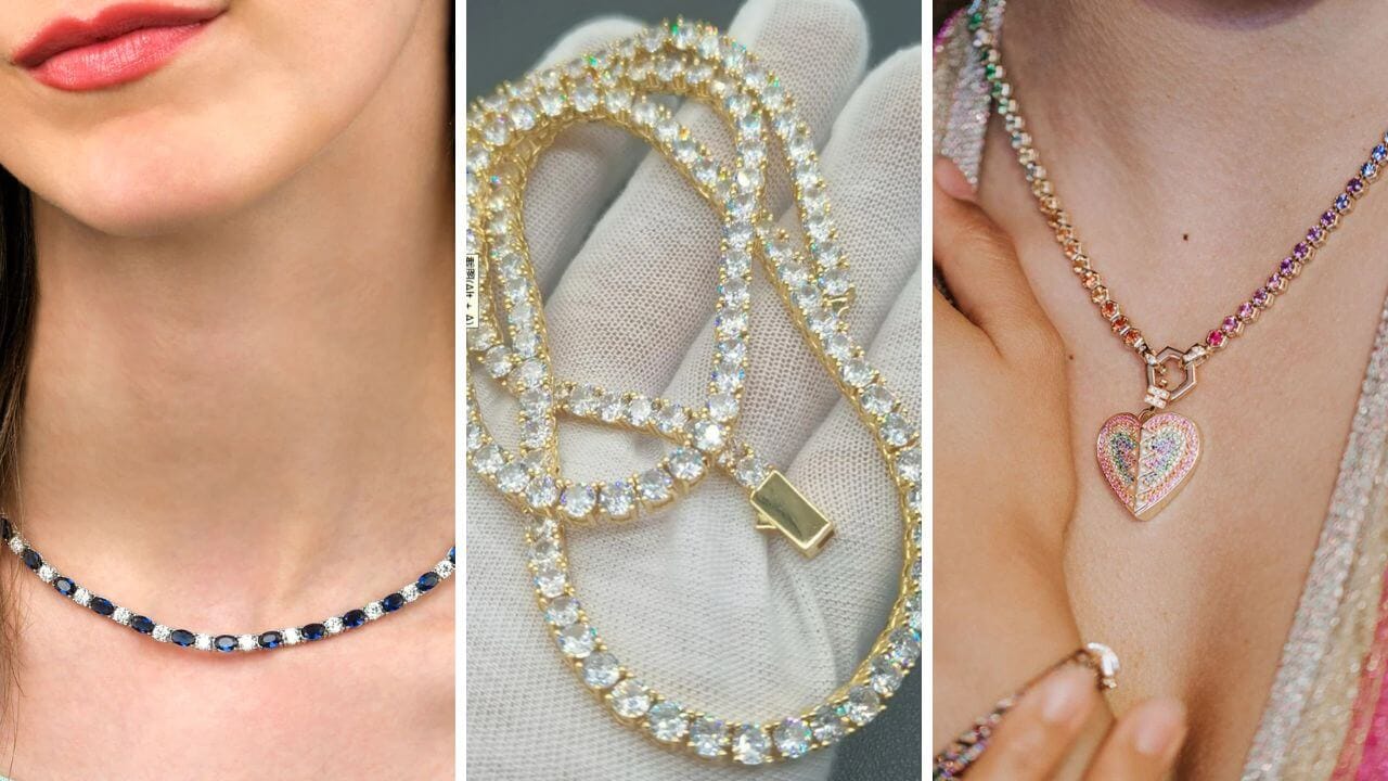 Three tennis necklaces in alternative metals other than gold