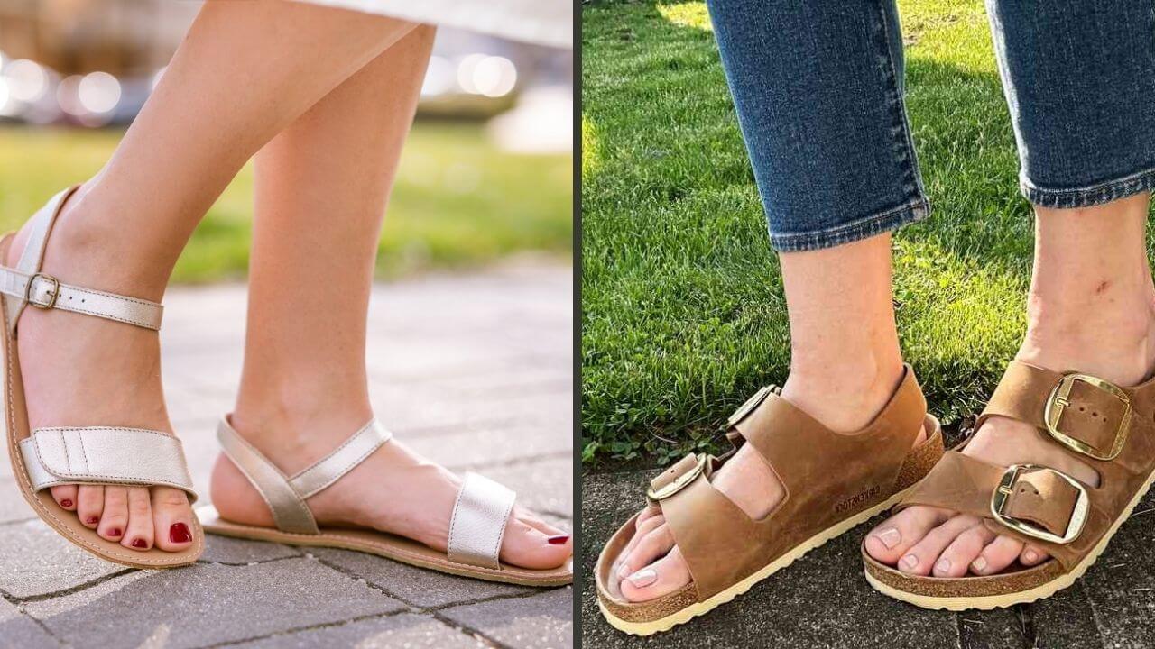 Person walking in barefoot sandals and a person walking in regular sandals
