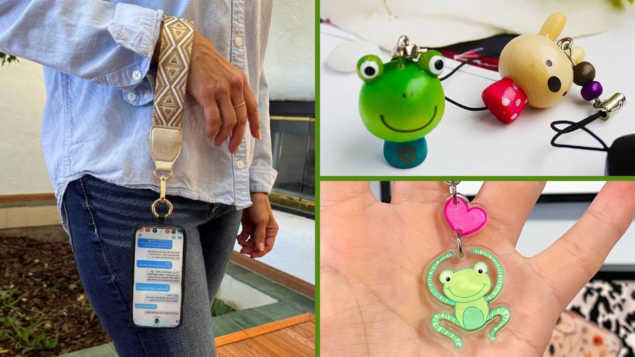 Man wearing a phone strap and two displays of different phone charms