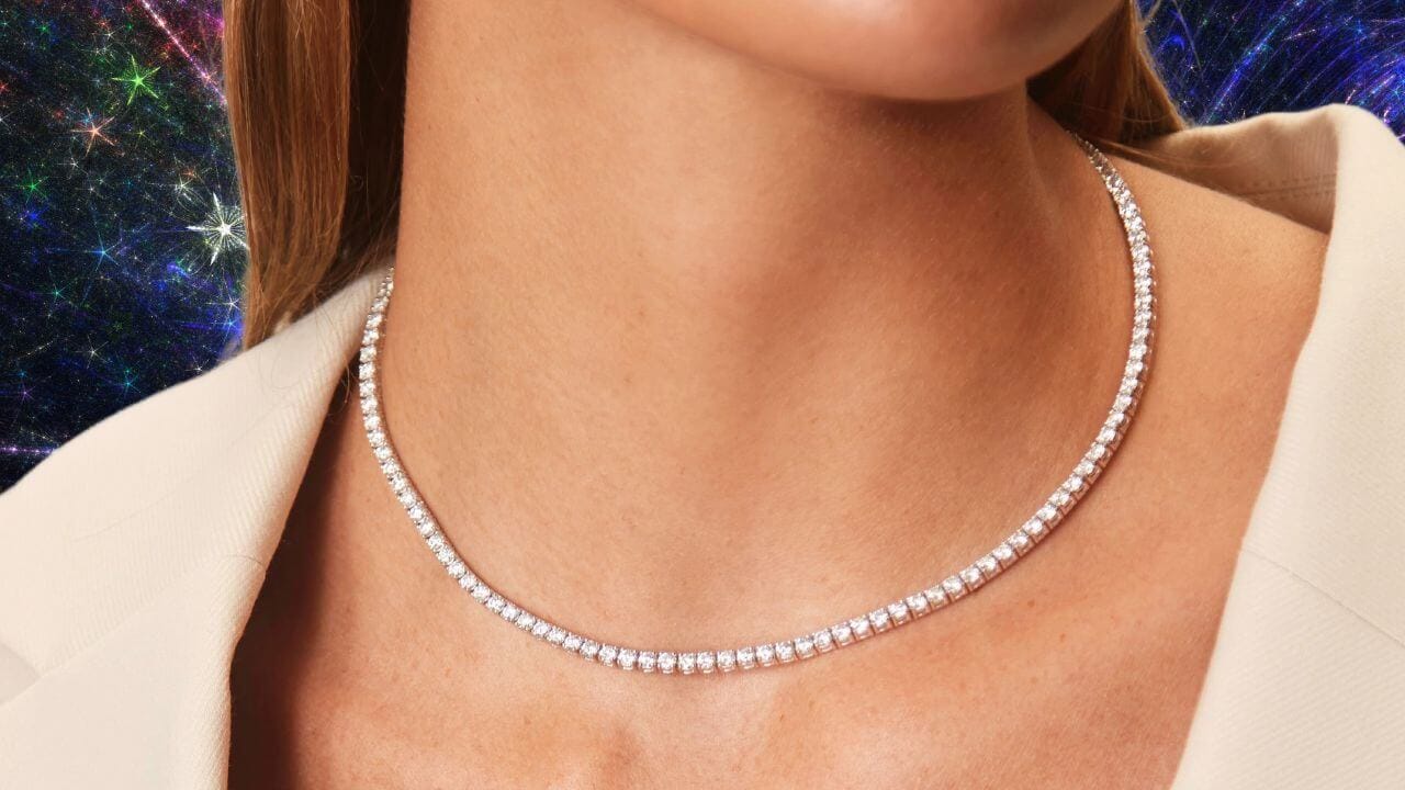 Woman wearing a beautiful diamond tennis necklace