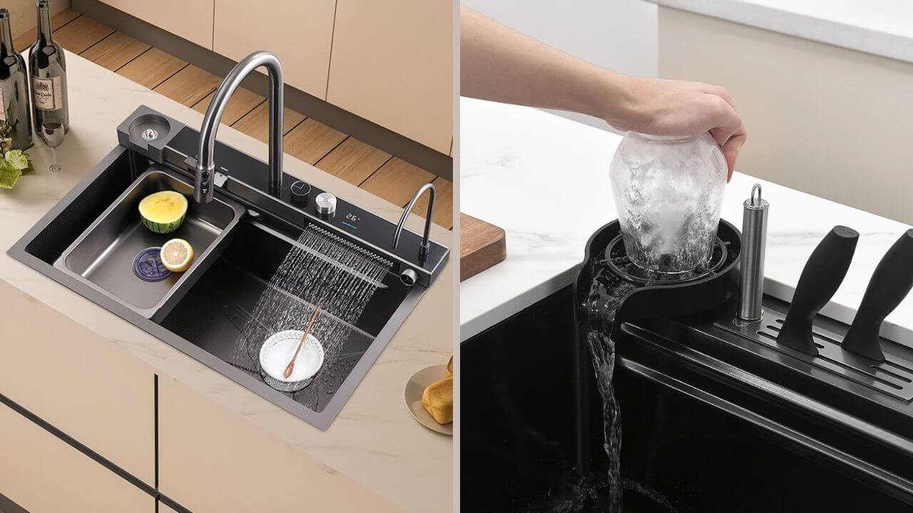 Waterfall sink with a cup washer and a cup washer in action in a waterfall sink