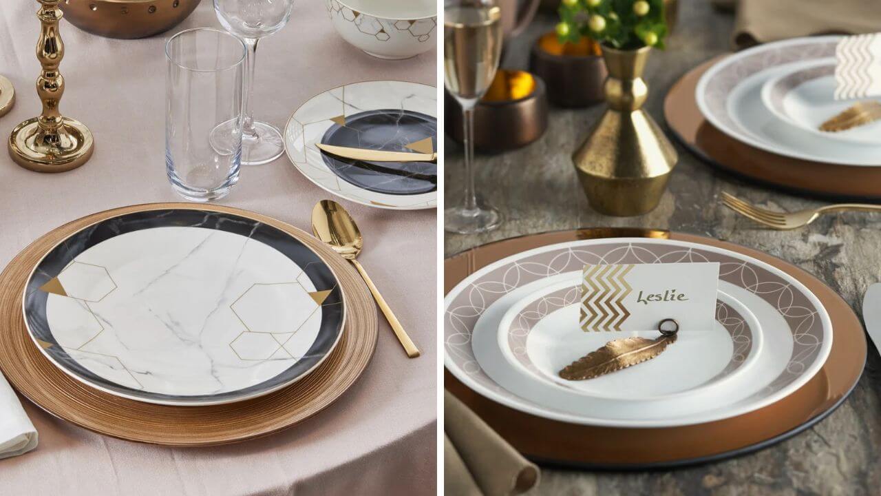 Setting of porcelain dinnerware and a setting of Corelle dinnerware